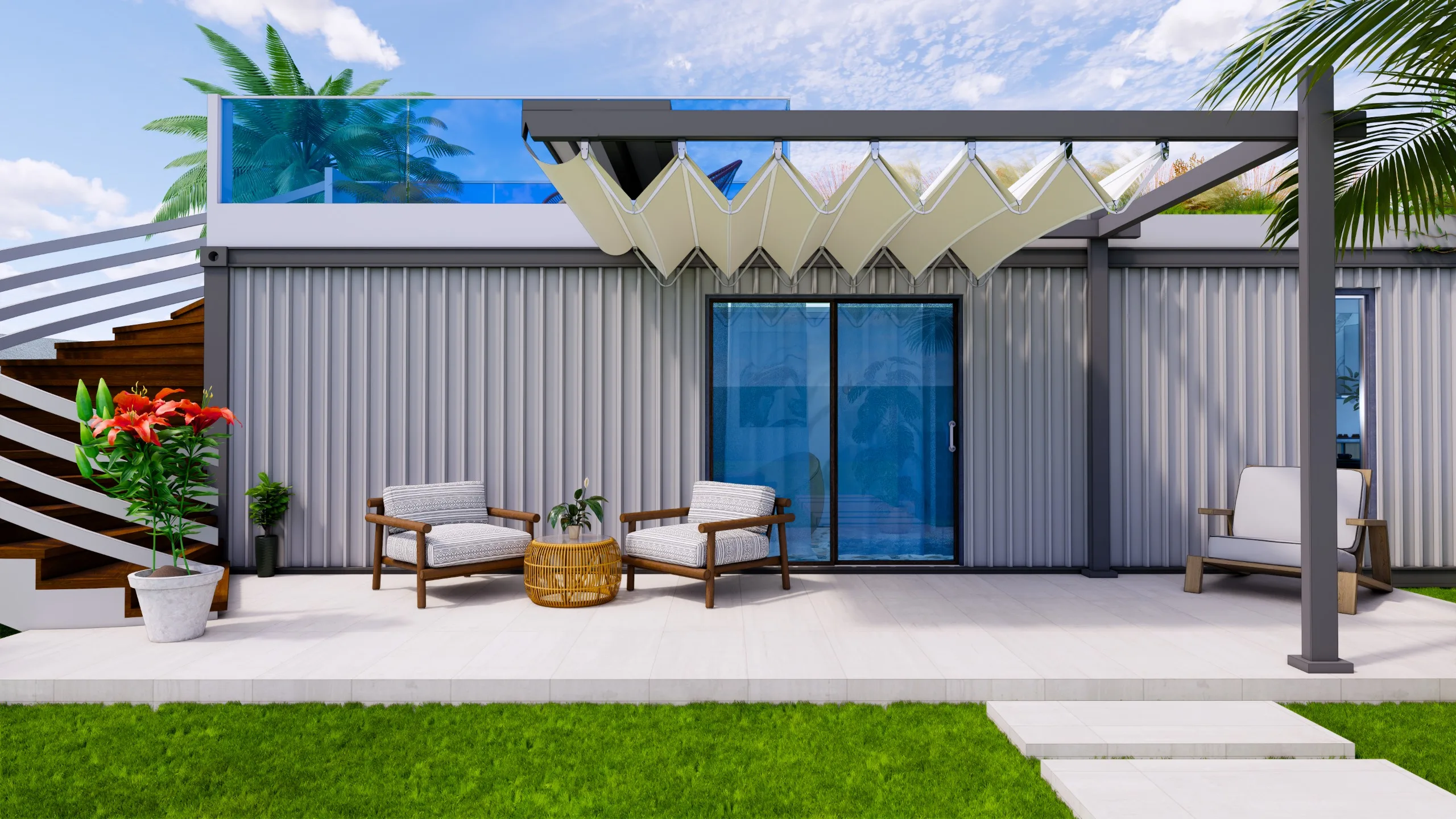 Front facade with retractable pergola
