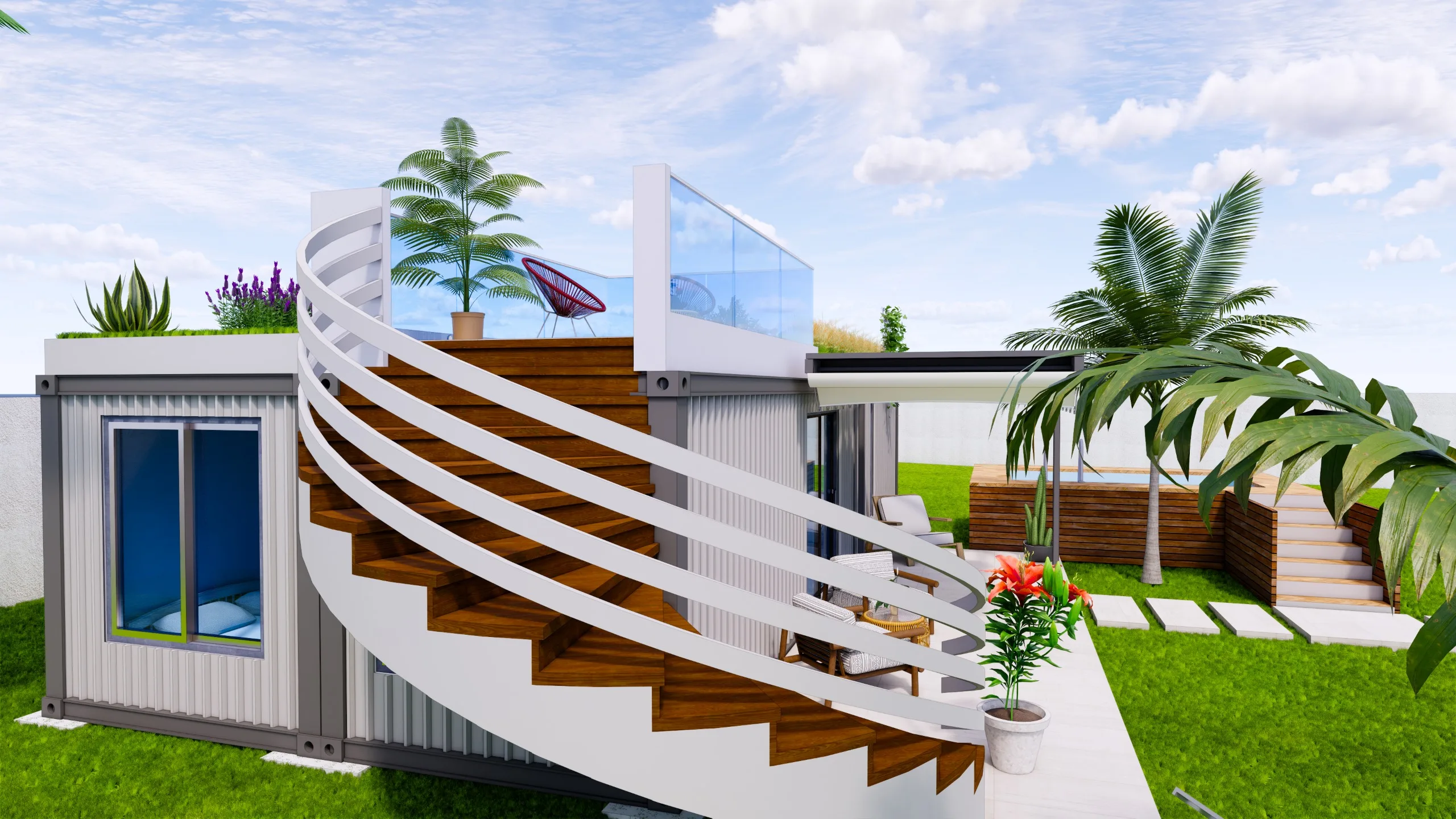 Spiral staircase to rooftop terrace