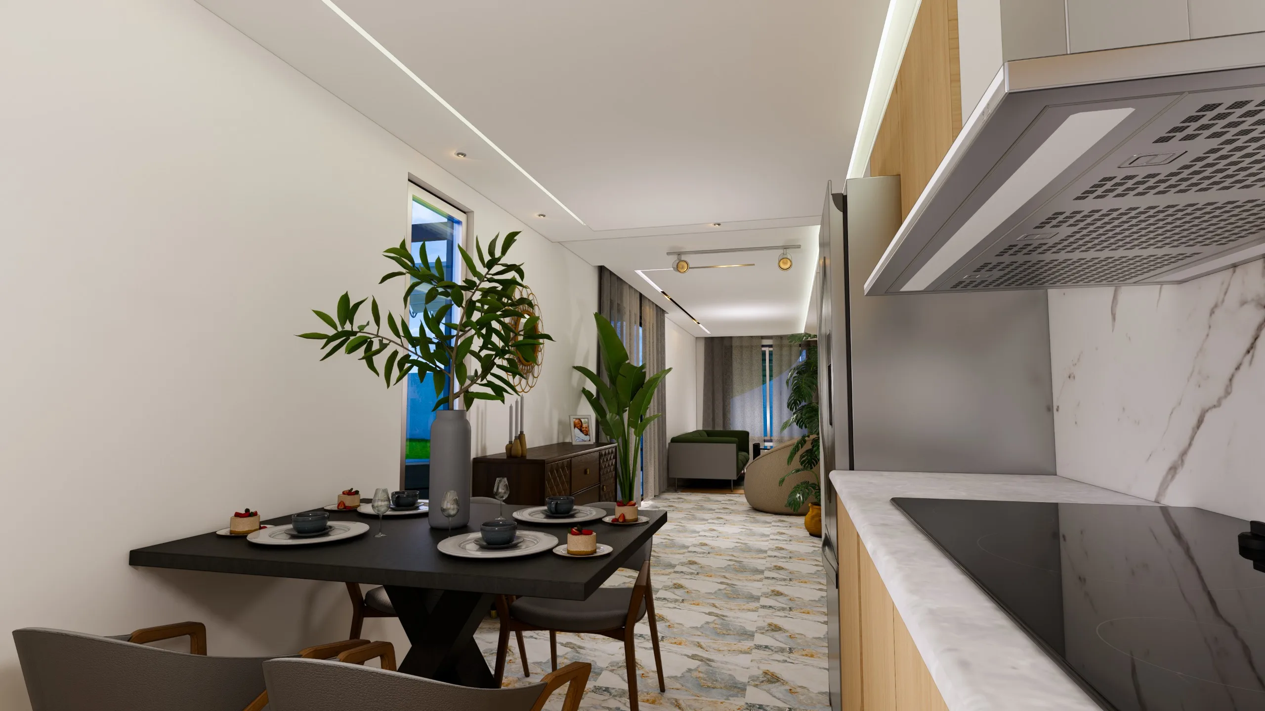 Open kitchen and dining area