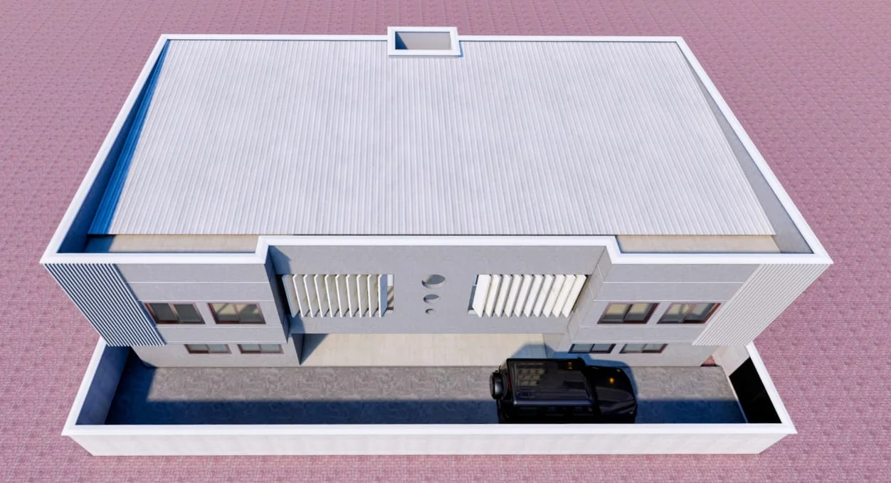 Aerial 3/4 view of the building